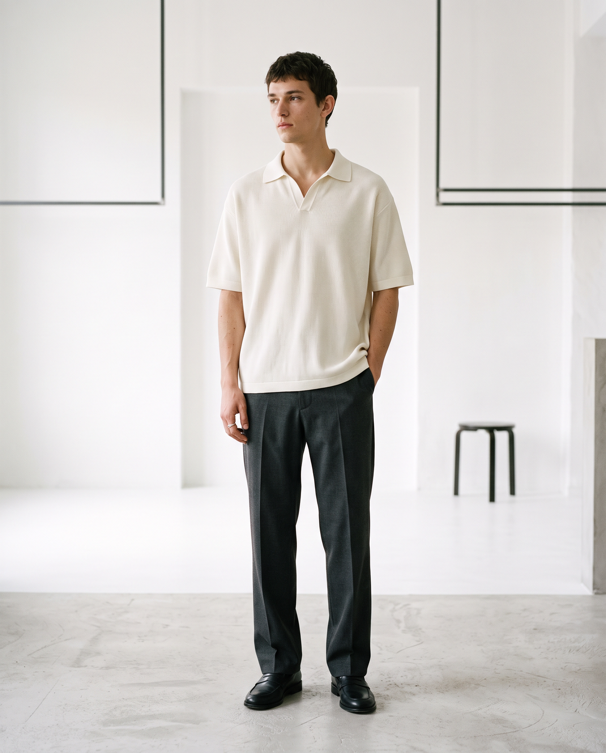 Flat-Knit Open Collar Polo — Ecru | NO NEXT
